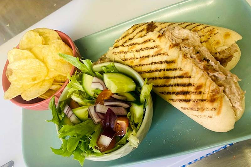 Bobby’s Tuna and Cheese Melt Panini with side salad and lightly salted crisps