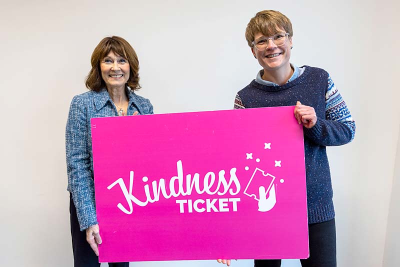 Cllr Angela McClements holding a kindness ticket